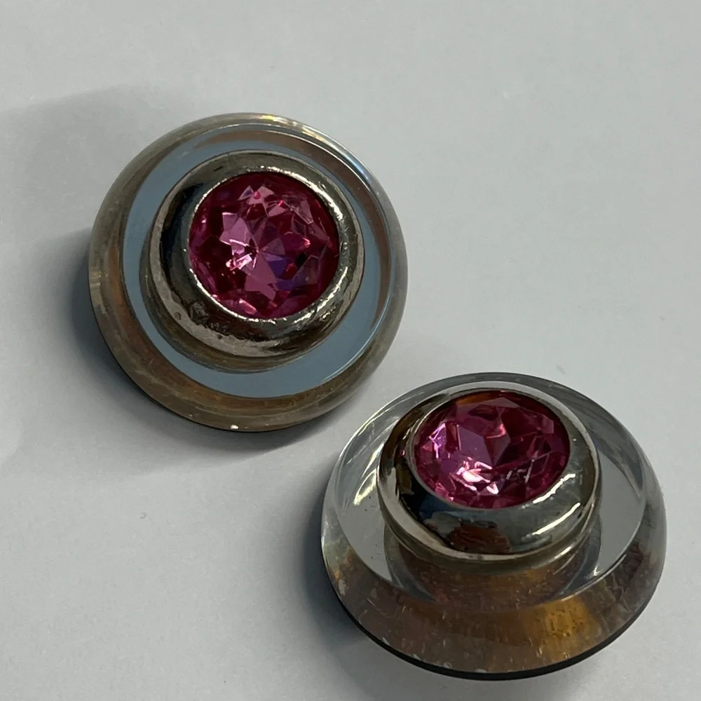 Diva Vintage Clear Lucite Pink Tourmaline Stone Silverplate Bezel Clip Earrings